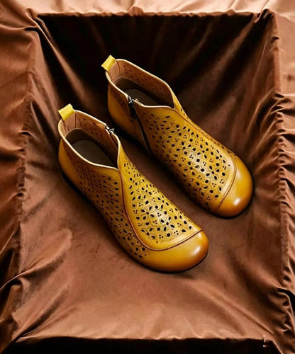 Vintage Chocolate Hollow Out Side Zipper Cowhide Leather Low Heel Ankle Boots