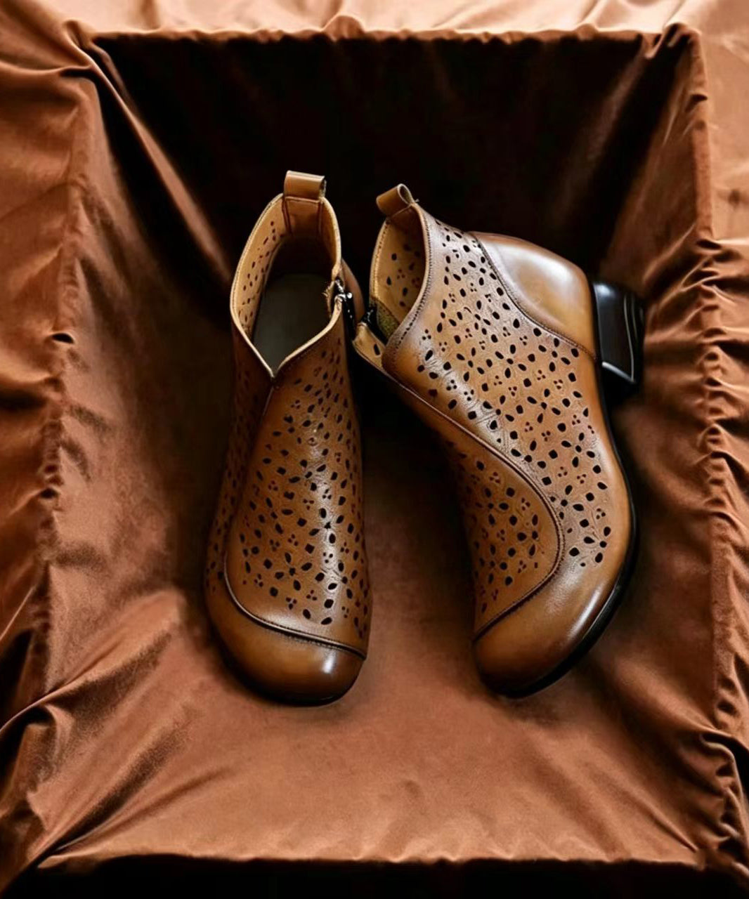 Vintage Chocolate Hollow Out Side Zipper Cowhide Leather Low Heel Ankle Boots