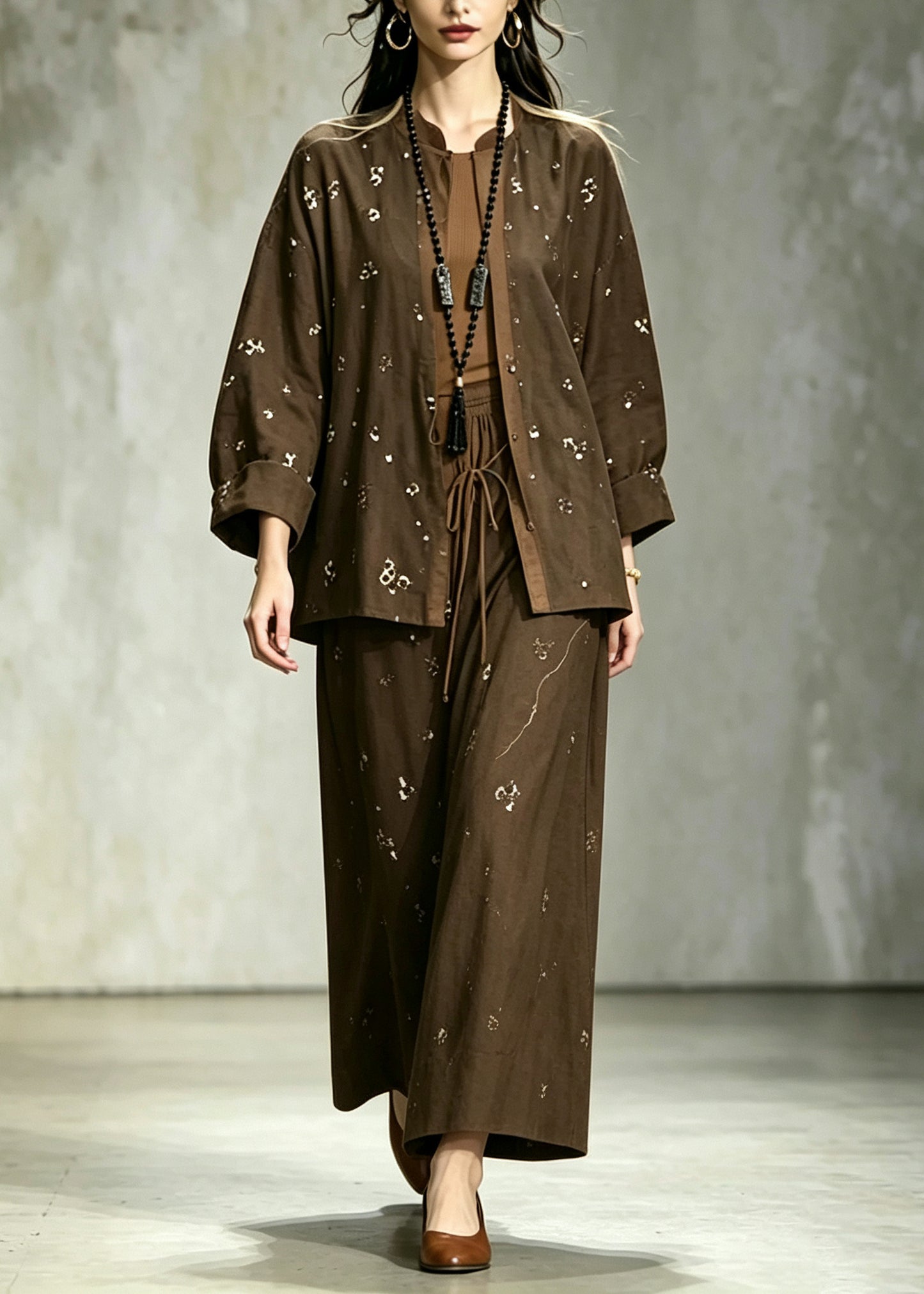 Vintage Chocolate Sequins Cotton Two Pieces Set Fall
