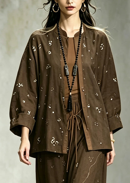 Vintage Chocolate Sequins Cotton Two Pieces Set Fall