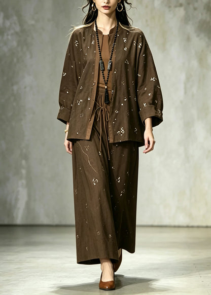 Vintage Chocolate Sequins Cotton Two Pieces Set Fall