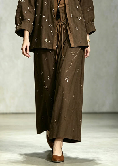 Vintage Chocolate Sequins Cotton Two Pieces Set Fall