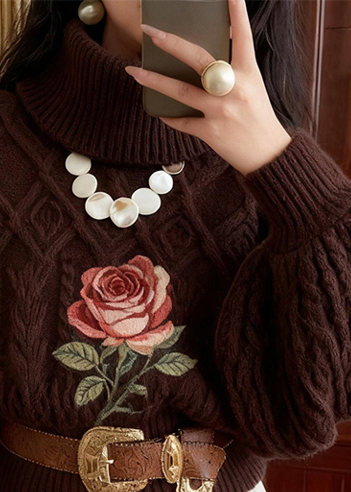 Vintage Chocolate Turtleneck Rose Knitted Cotton Sweater Winter