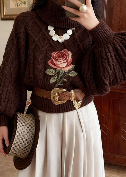 Vintage Chocolate Turtleneck Rose Knitted Cotton Sweater Winter