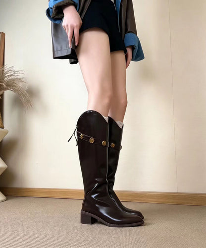 Vintage Chocolate V-Cut Chunky Cowhide Leather Riding Boots