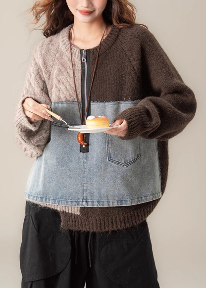 Vintage Coffee Asymmetrical Zip Up Patchwork Knit Sweater