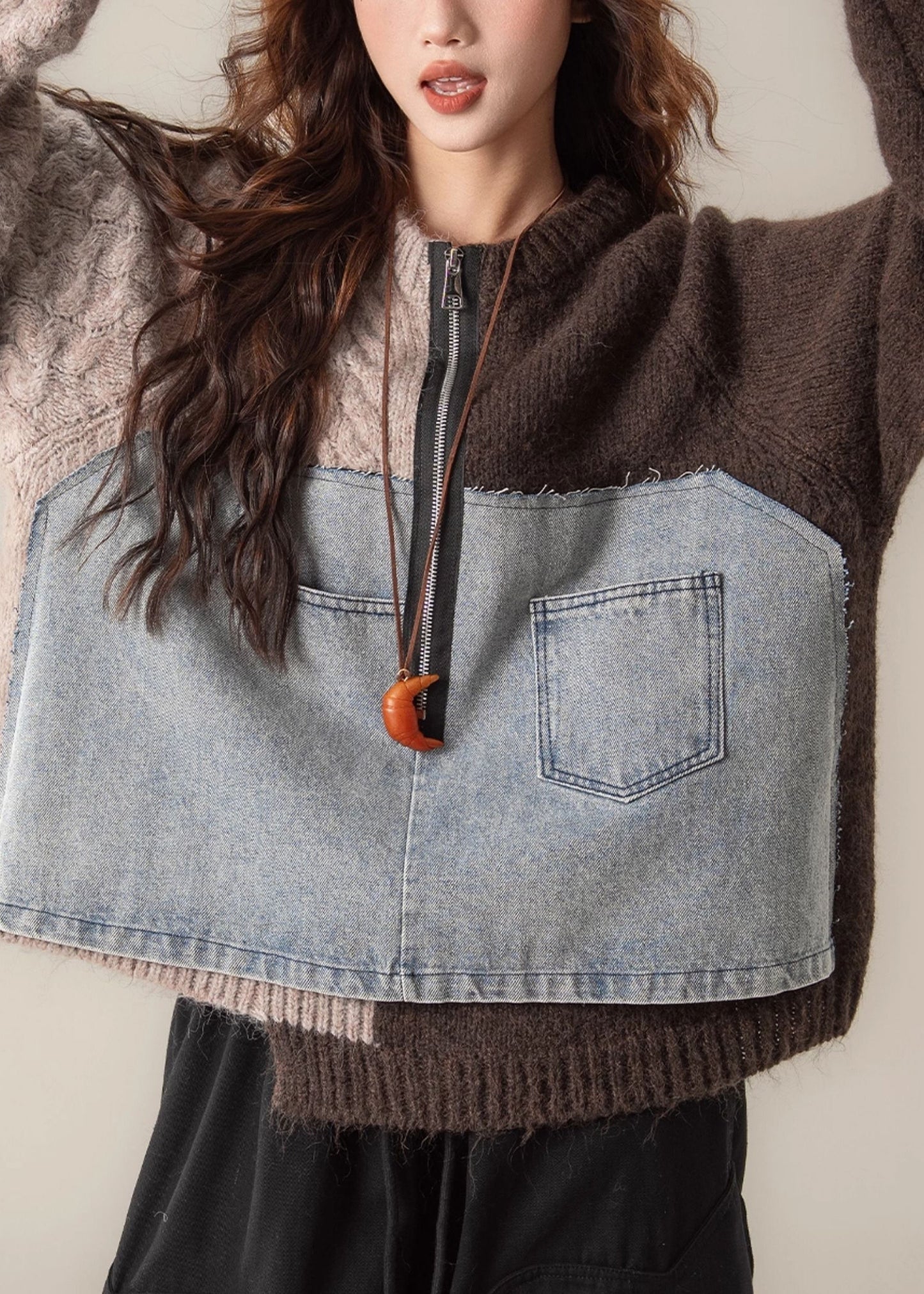 Vintage Coffee Asymmetrical Zip Up Patchwork Knit Sweater