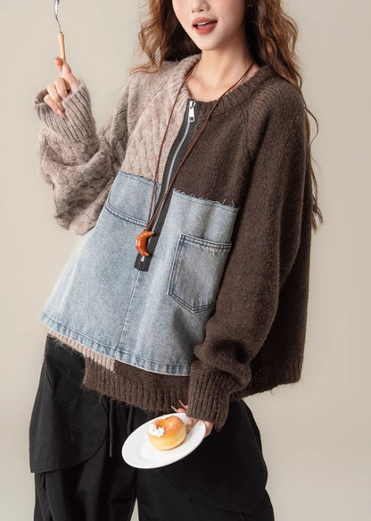 Vintage Coffee Asymmetrical Zip Up Patchwork Knit Sweater