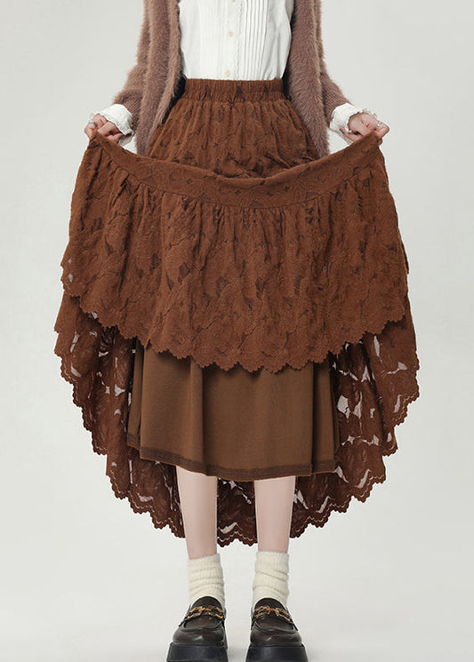 Vintage Coffee Elastic Waist Lace Warm Fleece Skirts Winter
