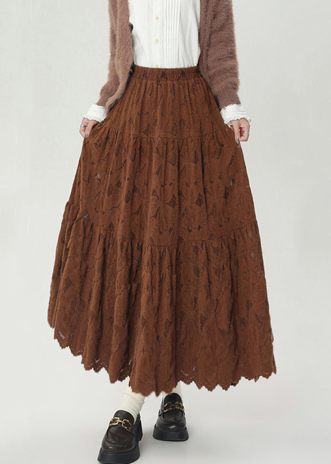 Vintage Coffee Elastic Waist Lace Warm Fleece Skirts Winter