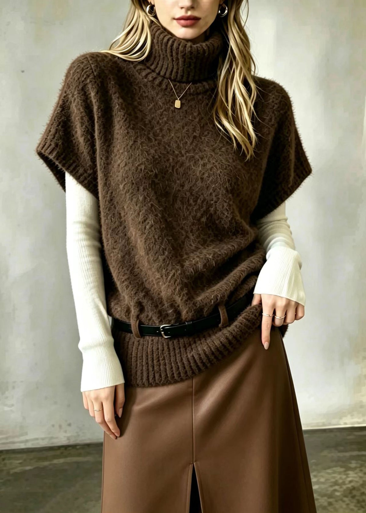 Vintage Coffee Hign Neck With Belt Knit Vest Fall