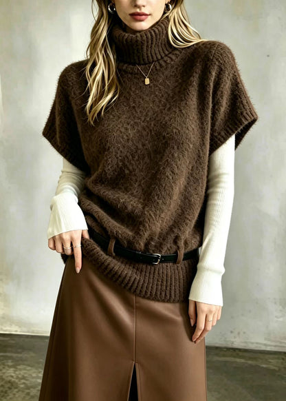 Vintage Coffee Hign Neck With Belt Knit Vest Fall