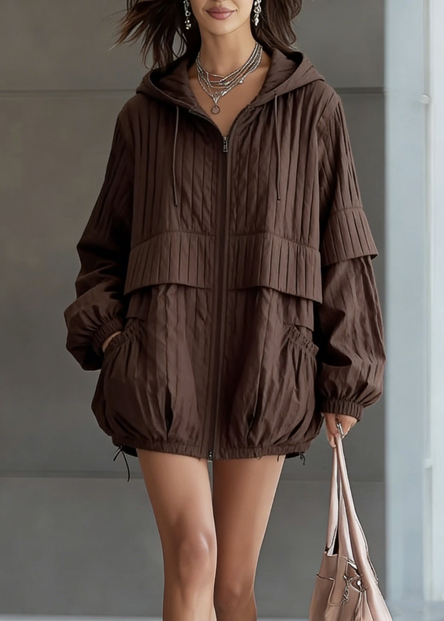 Vintage Coffee Hooded Pockets Drawstring Fine Cotton Filled Coat