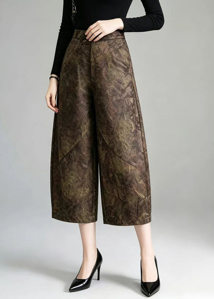 Vintage Coffee Jacquard High Waist Wide Leg Crop Pants Fall
