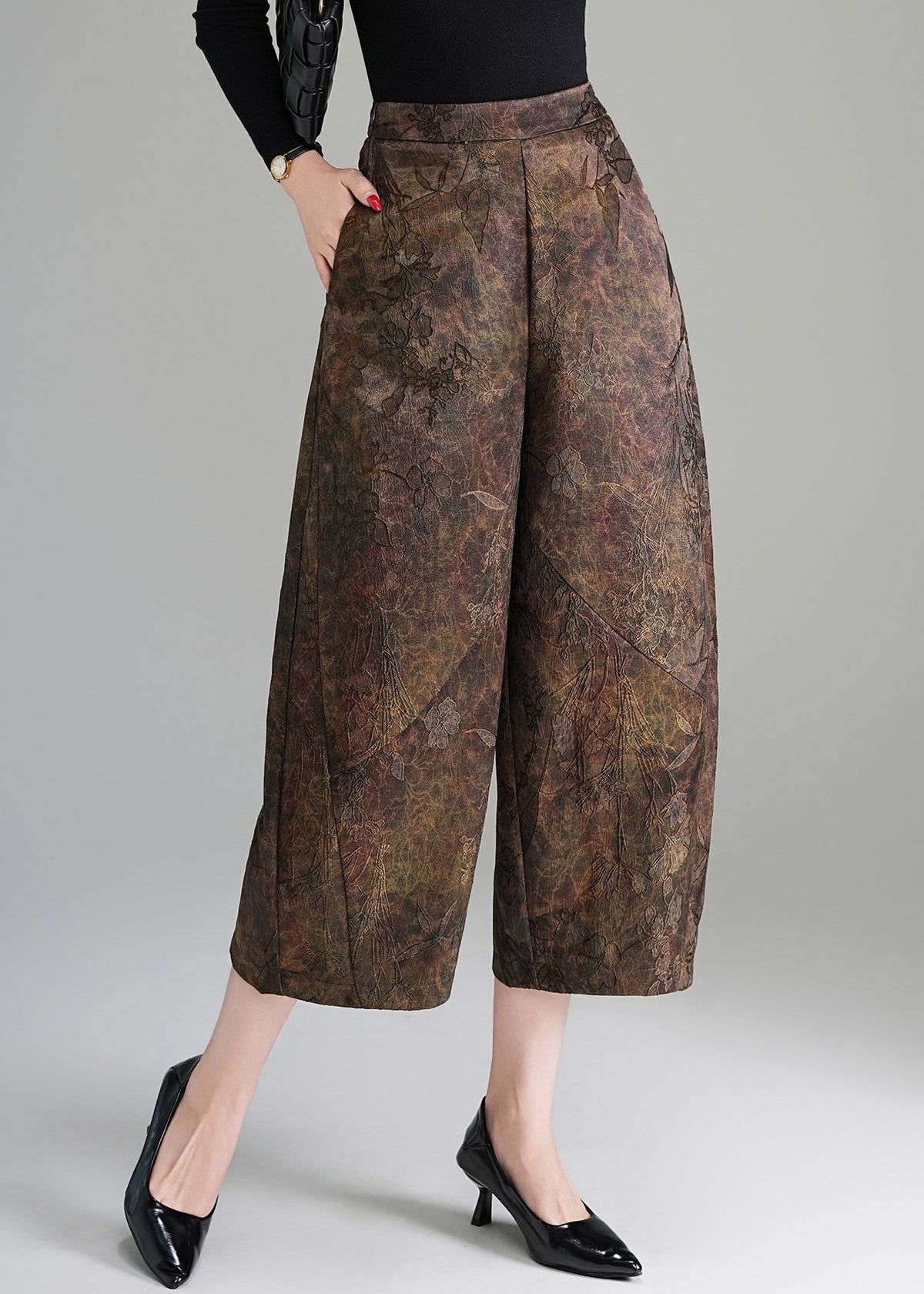 Vintage Coffee Jacquard High Waist Wide Leg Crop Pants Fall