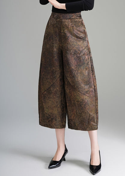 Vintage Coffee Jacquard High Waist Wide Leg Crop Pants Fall