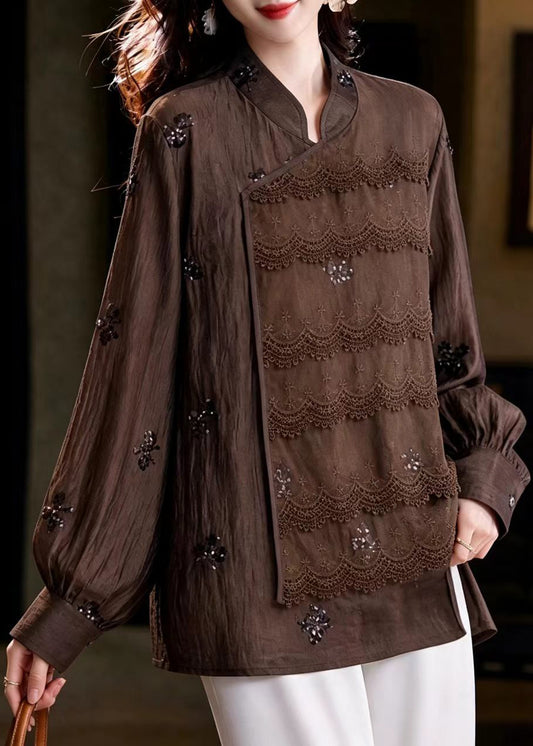 Vintage Coffee Mandarin Collar Sequins Lace Patchwork Shirts Fall