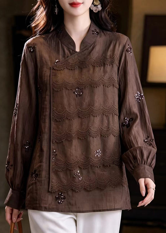 Vintage Coffee Mandarin Collar Sequins Lace Patchwork Shirts Fall