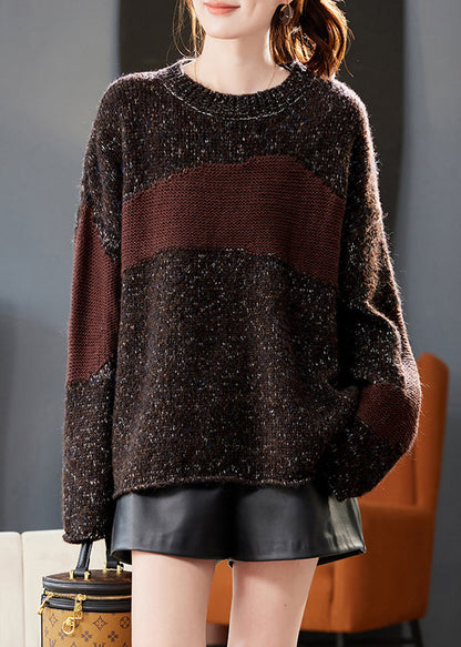 Vintage Coffee O Neck Cozy Patchwork Knit Sweater Winter