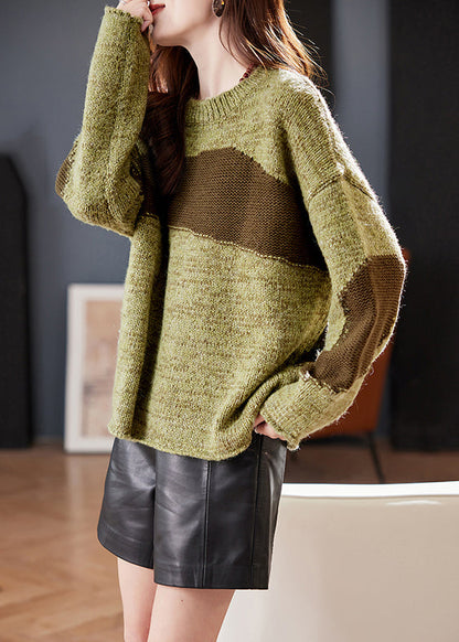 Vintage Coffee O Neck Cozy Patchwork Knit Sweater Winter