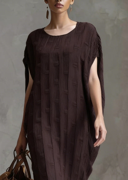 Vintage Coffee O Neck Oversized Silk Cotton Dress Batwing Sleeve