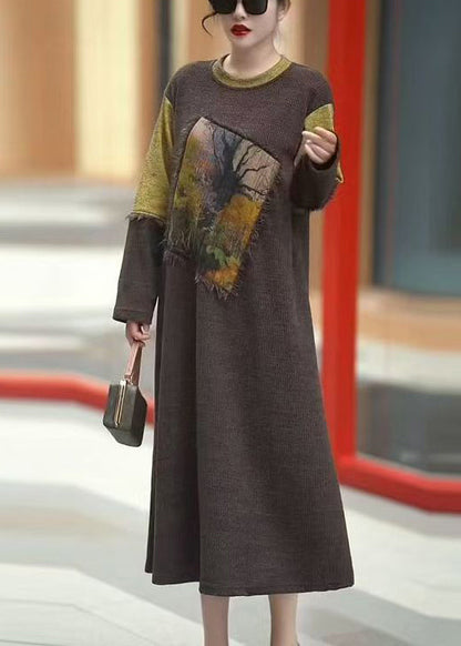 Vintage Coffee O-Neck Patchwork Knit Dress Winter