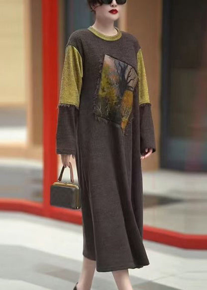 Vintage Coffee O-Neck Patchwork Knit Dress Winter