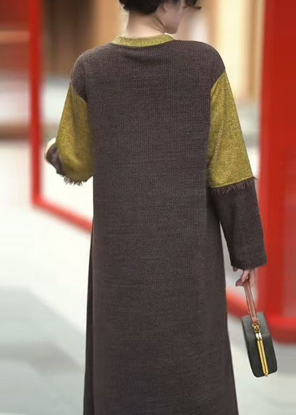 Vintage Coffee O-Neck Patchwork Knit Dress Winter