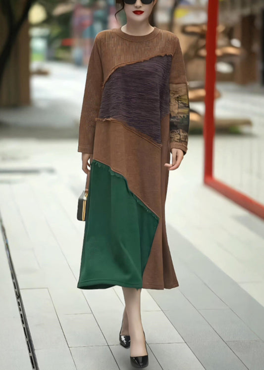 Vintage Coffee O Neck Patchwork Knit Long Dress Winter