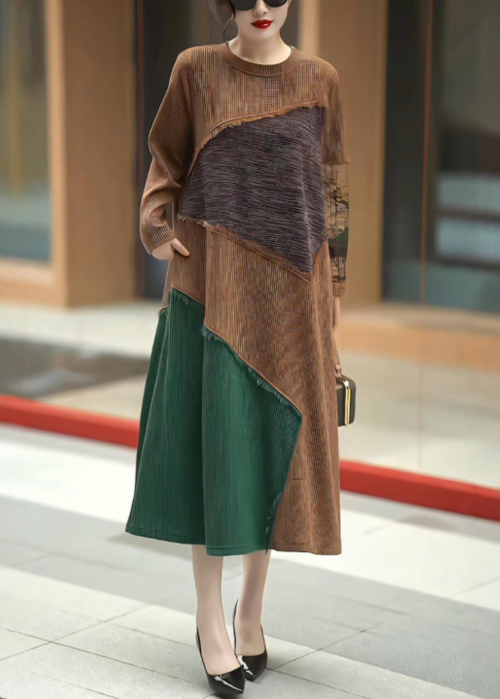 Vintage Coffee O Neck Patchwork Knit Long Dress Winter