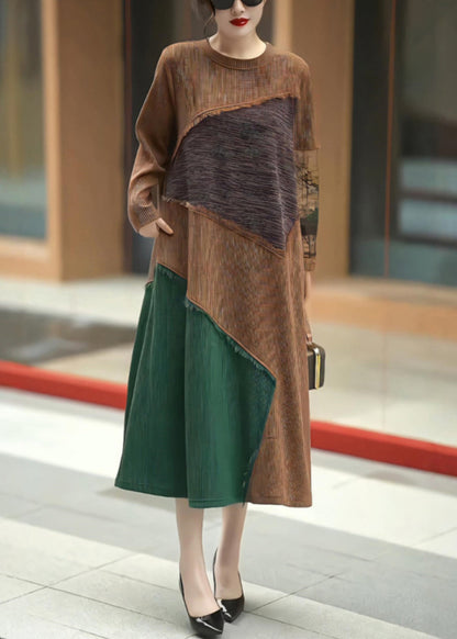 Vintage Coffee O Neck Patchwork Knit Long Dress Winter