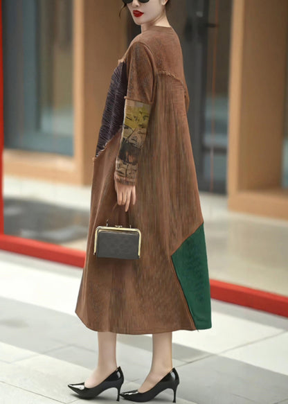 Vintage Coffee O Neck Patchwork Knit Long Dress Winter