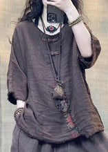 Load image into Gallery viewer, Vintage Coffee O Neck Solid Patchwork Linen Shirts Bracelet Sleeve