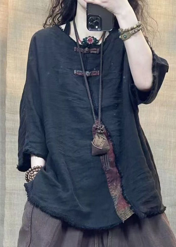 Vintage Coffee O Neck Solid Patchwork Linen Shirts Bracelet Sleeve