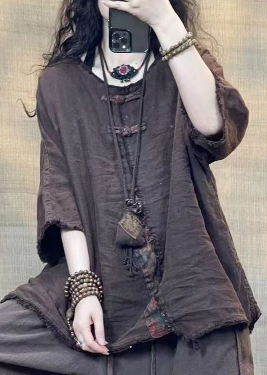 Vintage Coffee O Neck Solid Patchwork Linen Shirts Bracelet Sleeve