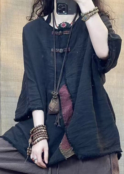 Vintage Coffee O Neck Solid Patchwork Linen Shirts Bracelet Sleeve