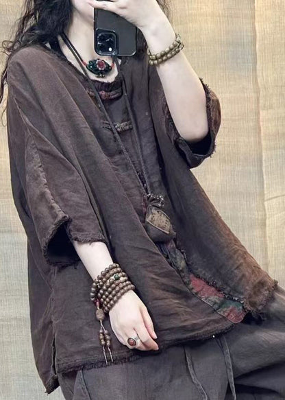 Vintage Coffee O Neck Solid Patchwork Linen Shirts Bracelet Sleeve