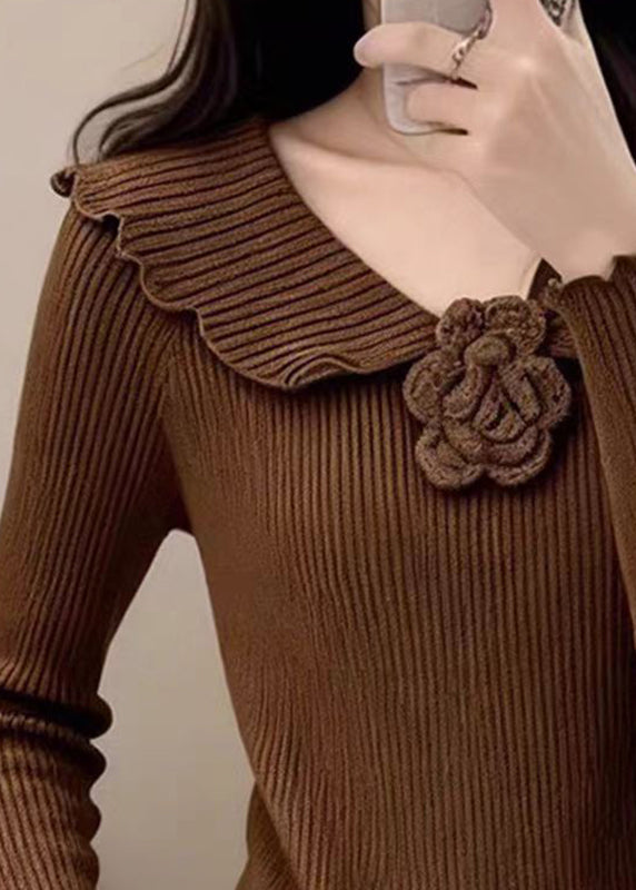 Vintage Coffee Peter Pan Collar Floral Solid Cotton Knit Sweater Spring
