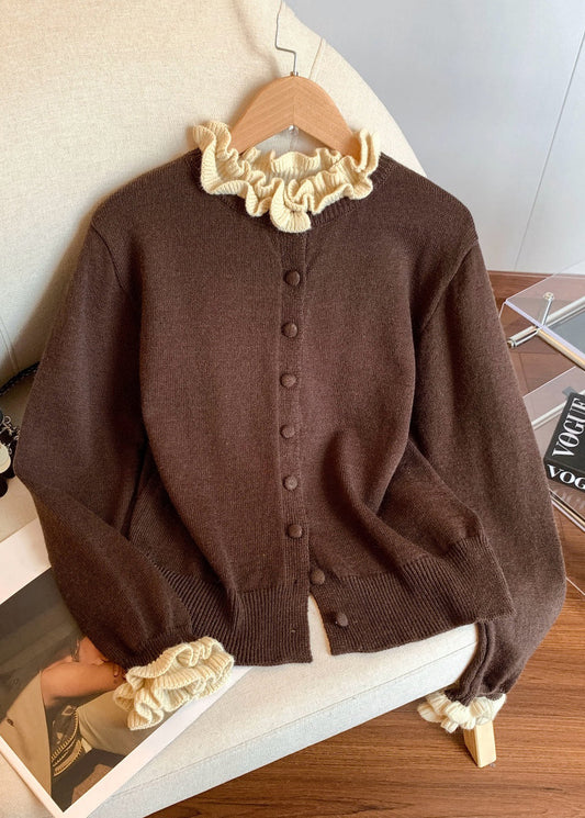 Vintage Coffee Ruffled Button Patchwork Knit Coats Winter