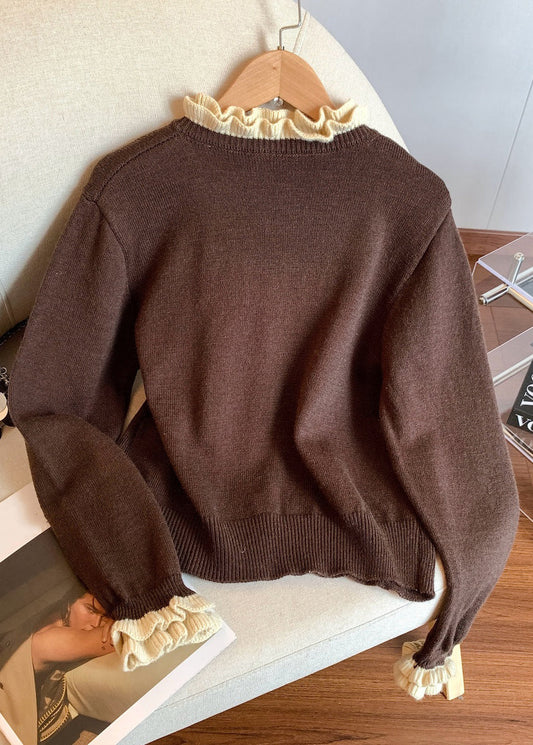 Vintage Coffee Ruffled Button Patchwork Knit Coats Winter