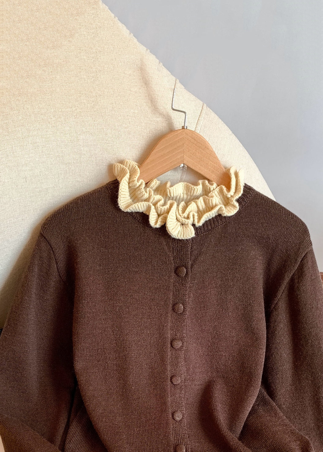 Vintage Coffee Ruffled Button Patchwork Knit Coats Winter