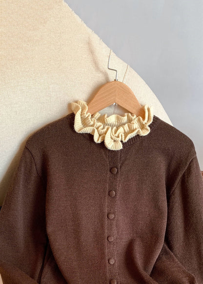 Vintage Coffee Ruffled Button Patchwork Knit Coats Winter