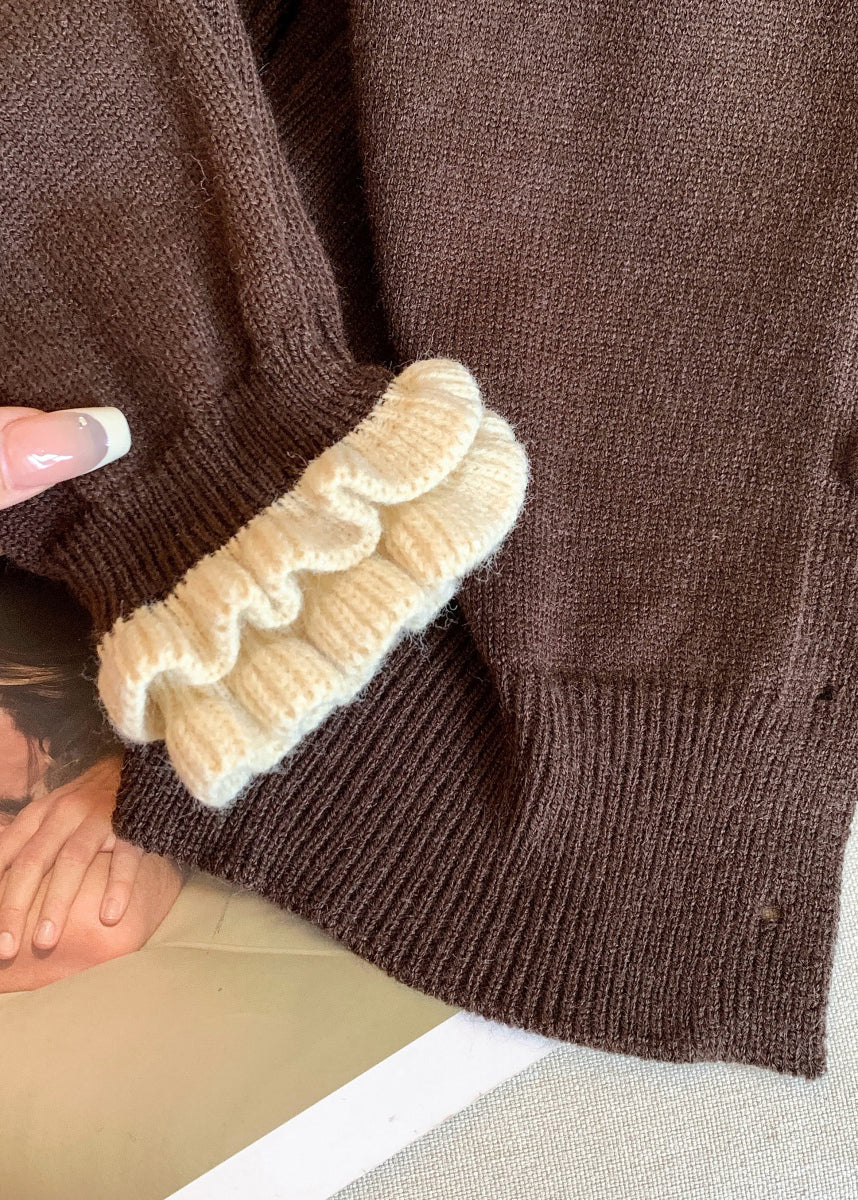 Vintage Coffee Ruffled Button Patchwork Knit Coats Winter