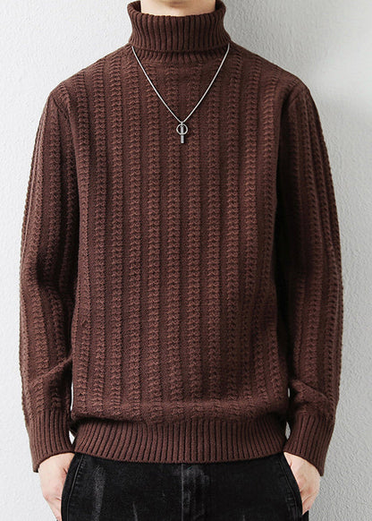 Vintage Coffee Turtleneck Thick Cotton Cable Knit Mens Sweater Winter