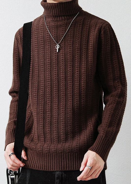 Vintage Coffee Turtleneck Thick Cotton Cable Knit Mens Sweater Winter