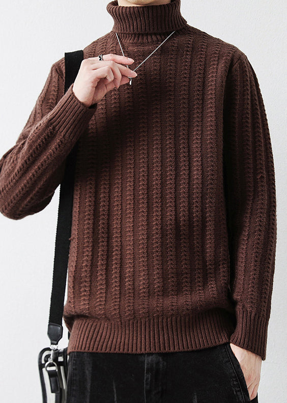 Vintage Coffee Turtleneck Thick Cotton Cable Knit Mens Sweater Winter