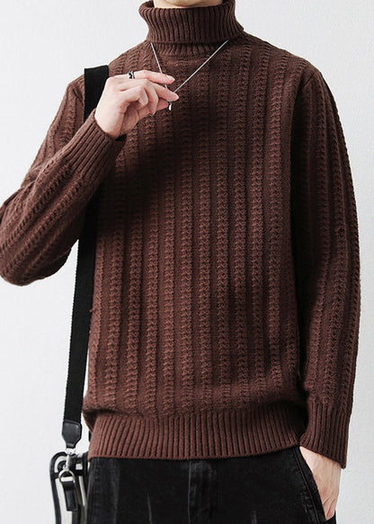 Vintage Coffee Turtleneck Thick Cotton Cable Knit Mens Sweater Winter