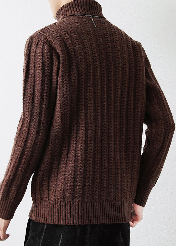 Vintage Coffee Turtleneck Thick Cotton Cable Knit Mens Sweater Winter