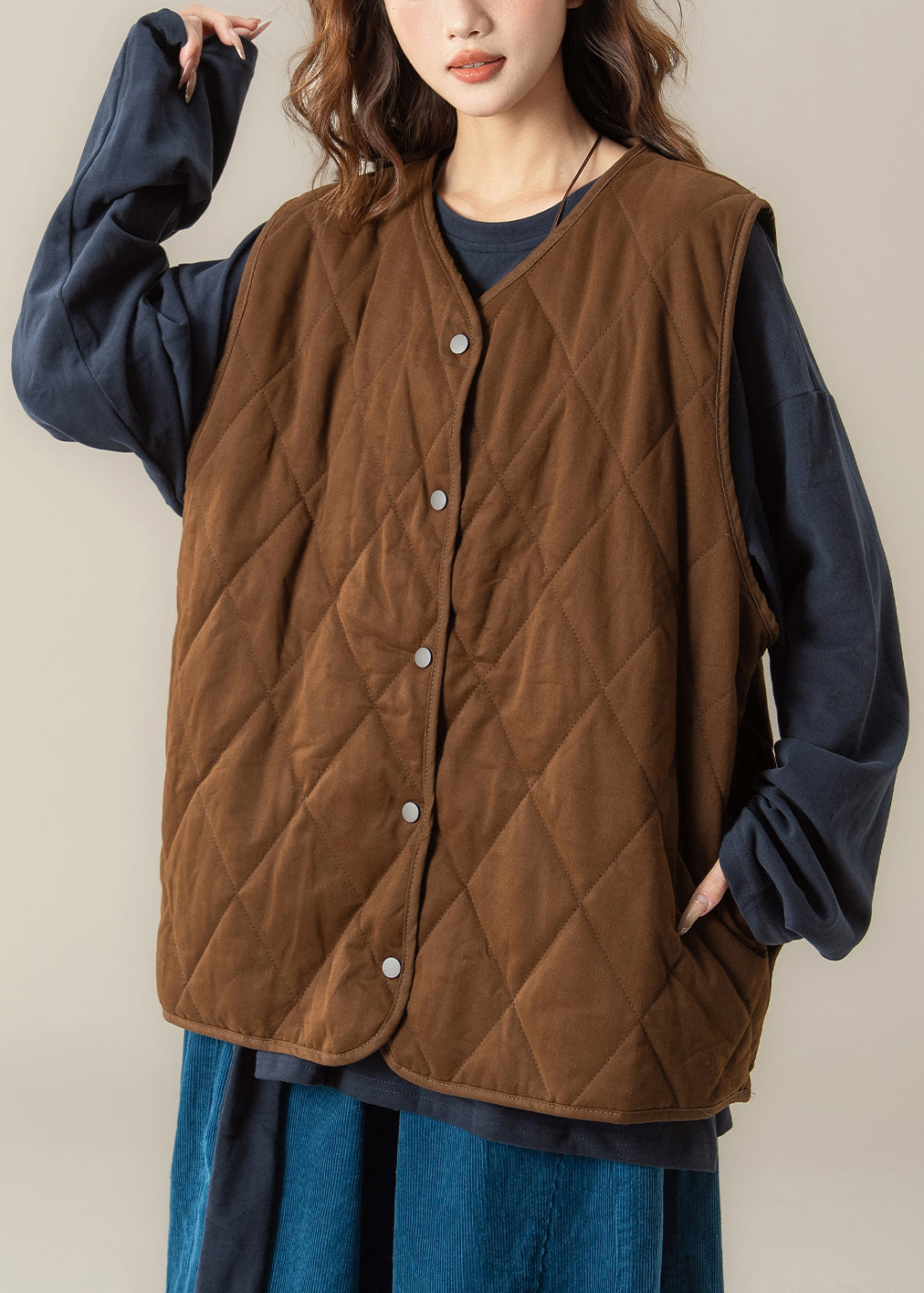 Vintage Coffee V Neck Button Solid Cotton Filled Two Pieces Set Sleeveless