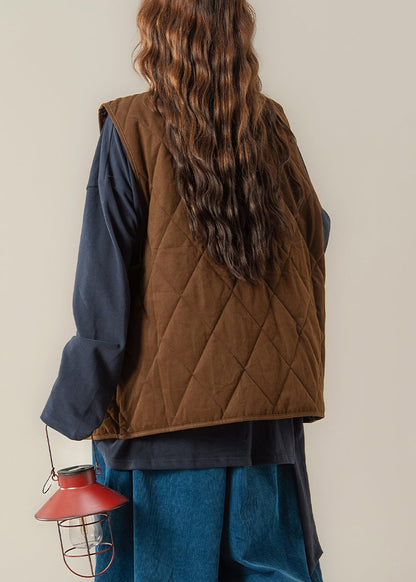 Vintage Coffee V Neck Button Solid Cotton Filled Two Pieces Set Sleeveless